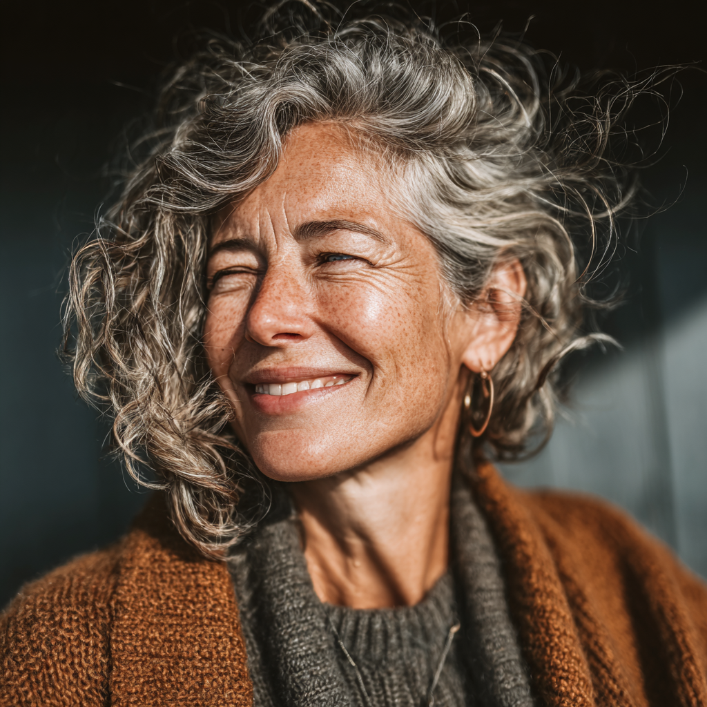 Happy mature woman with healthy eyes smiling outdoors in natural lighting