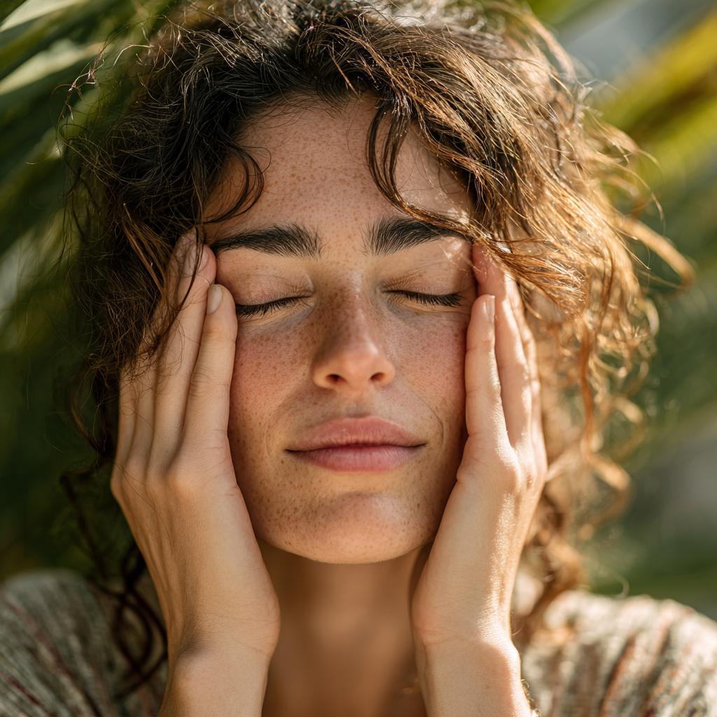 Peaceful woman practicing eye relaxation exercises in bright natural environment with hands gently covering eyes